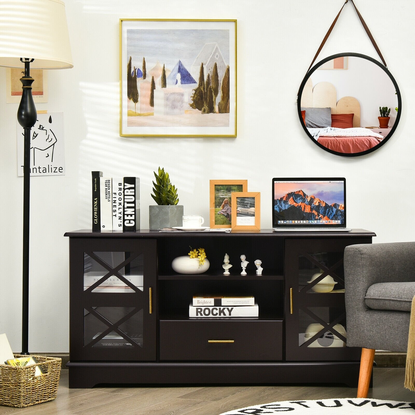 Wood TV Stand with 2 Glass Door Cabinets and 2-Tier Adjustable Shelves, Brown - Gallery Canada