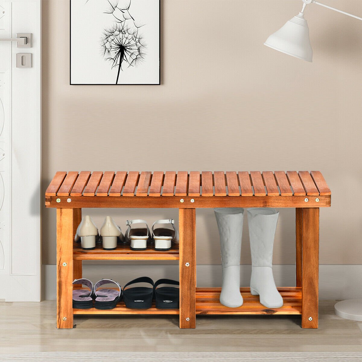 3-Tier Freestanding Wooden Shoe Organizer with Seat, Natural Shoe Racks & Storage Benches   at Gallery Canada