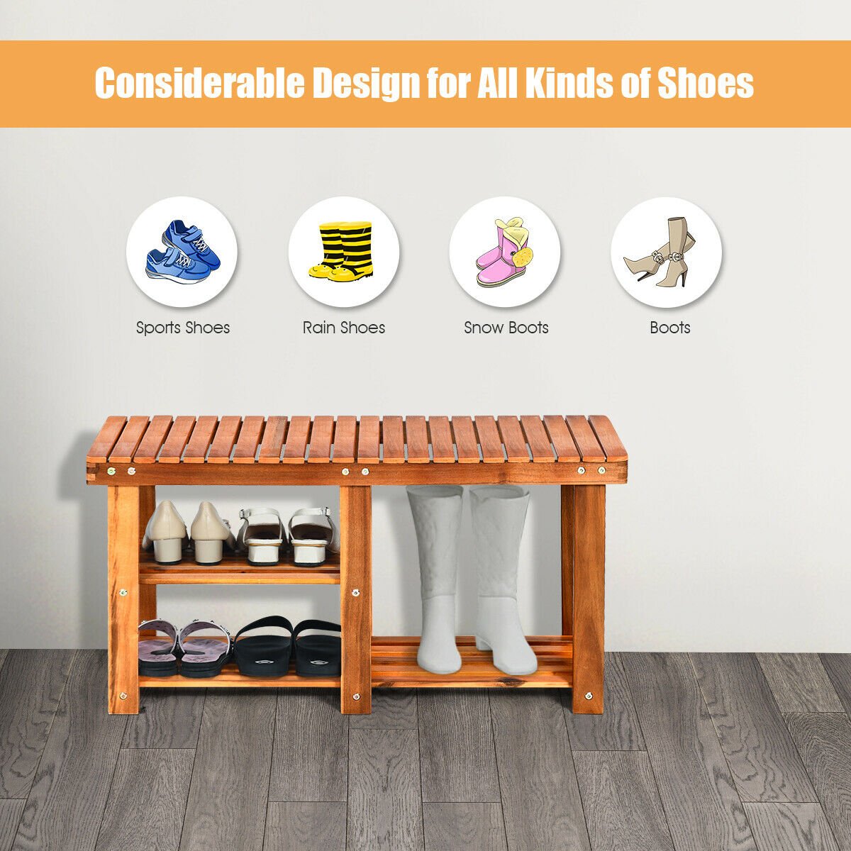 3-Tier Freestanding Wooden Shoe Organizer with Seat, Natural Shoe Racks & Storage Benches   at Gallery Canada