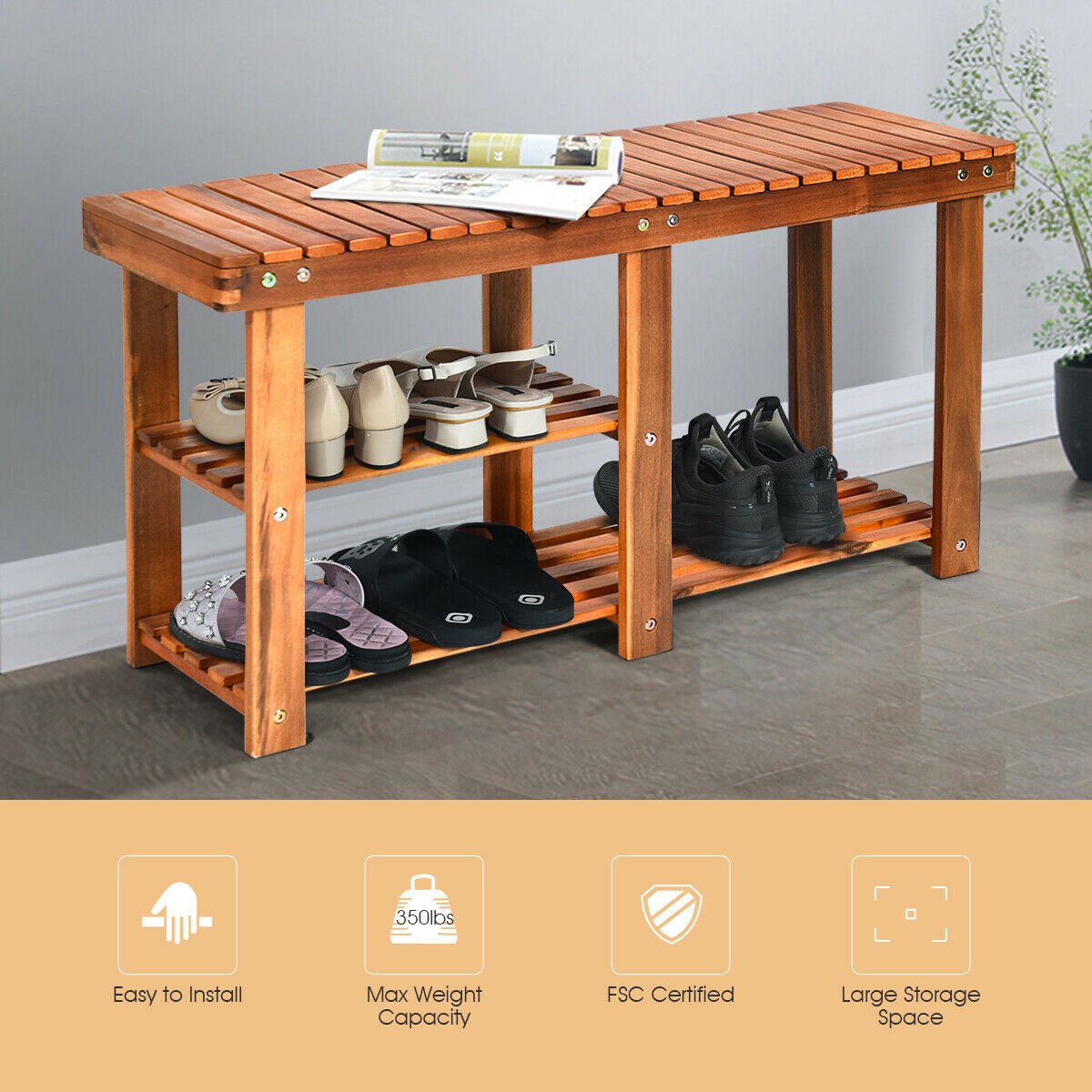 3-Tier Freestanding Wooden Shoe Organizer with Seat, Natural Shoe Racks & Storage Benches   at Gallery Canada