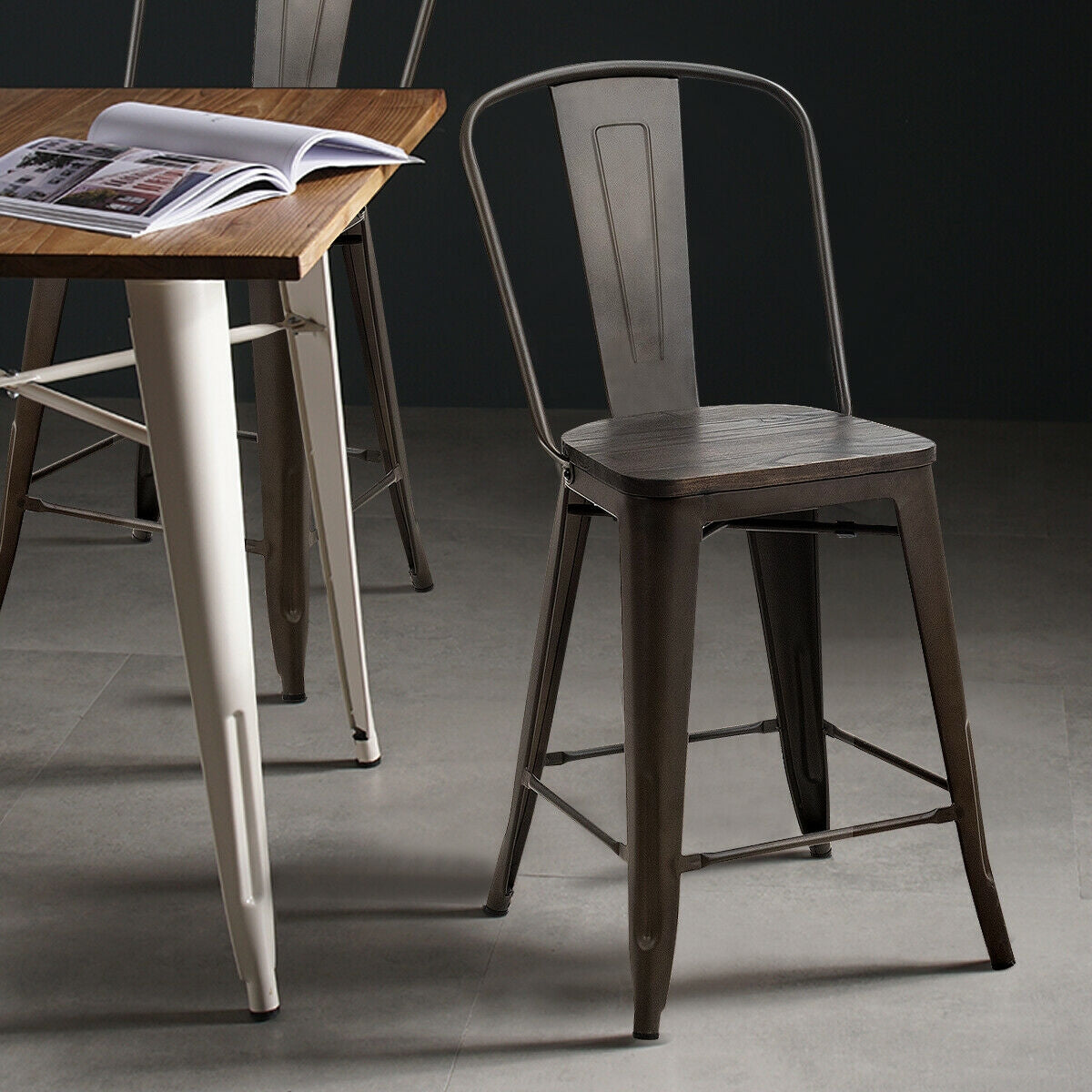 Set of 4 Industrial Metal Counter Stool Dining Chairs with Removable Backrests, Dark Brown Bar Stools   at Gallery Canada