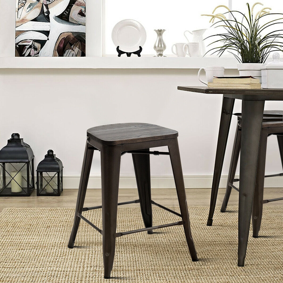 Set of 4 Industrial Metal Counter Stool Dining Chairs with Removable Backrests, Dark Brown Bar Stools   at Gallery Canada