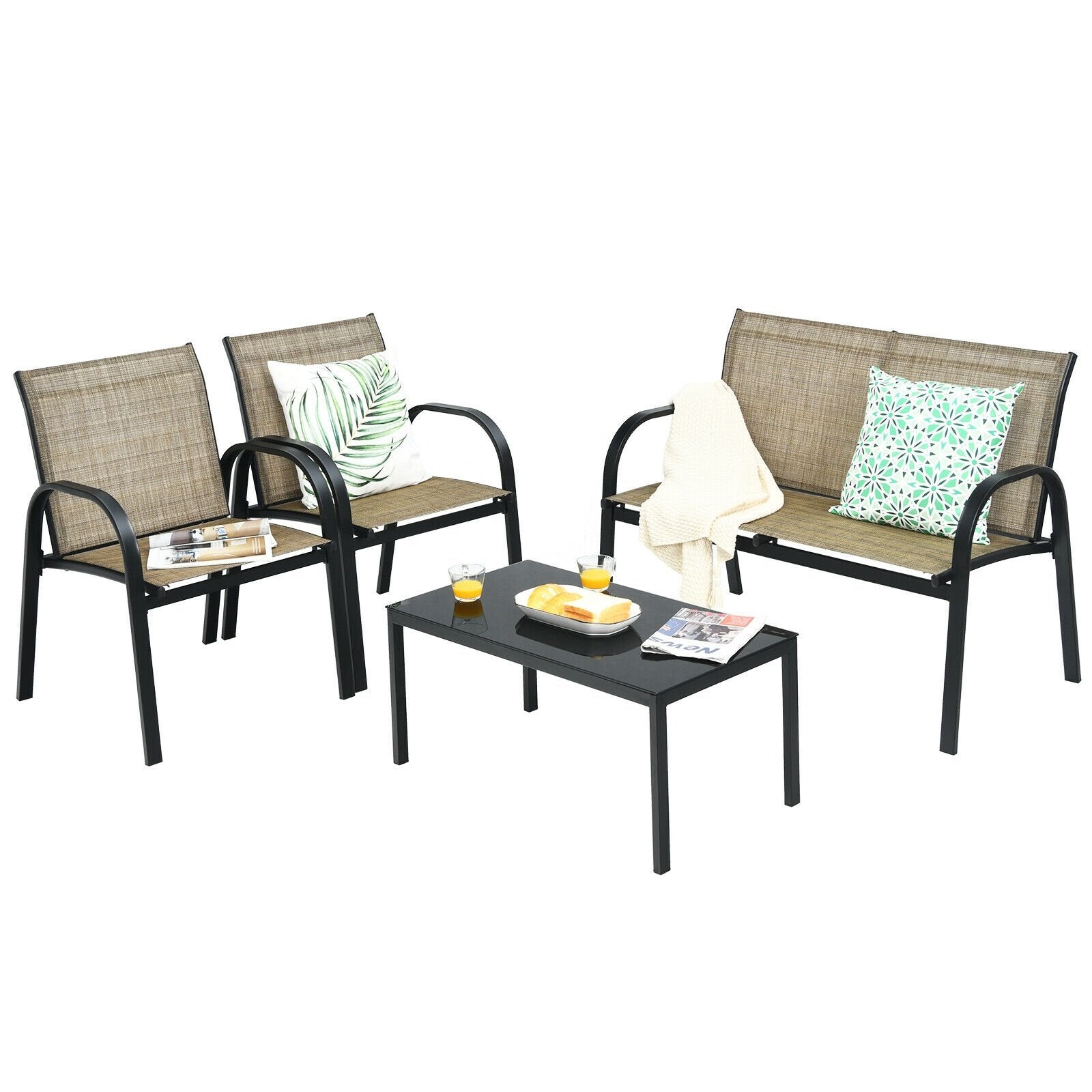 4 Pieces Patio Furniture Set with Glass Top Coffee Table, Brown Patio Conversation Sets   at Gallery Canada