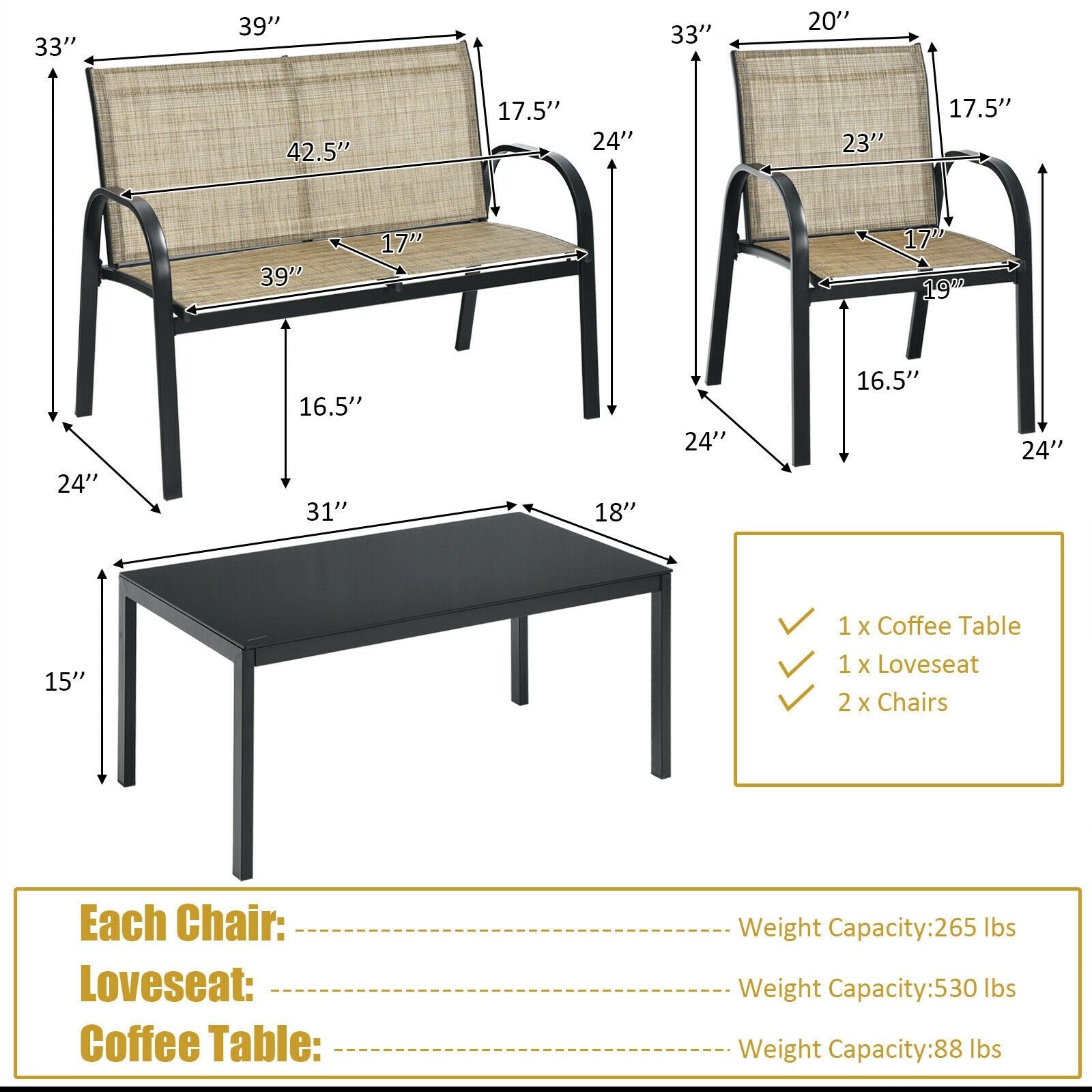 4 Pieces Patio Furniture Set with Glass Top Coffee Table, Brown Patio Conversation Sets   at Gallery Canada