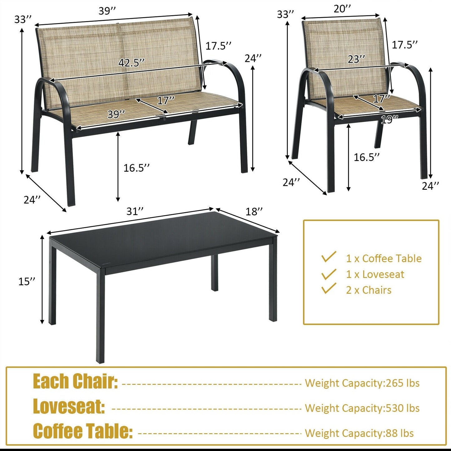 4 Pieces Patio Furniture Set with Glass Top Coffee Table, Brown - Gallery Canada