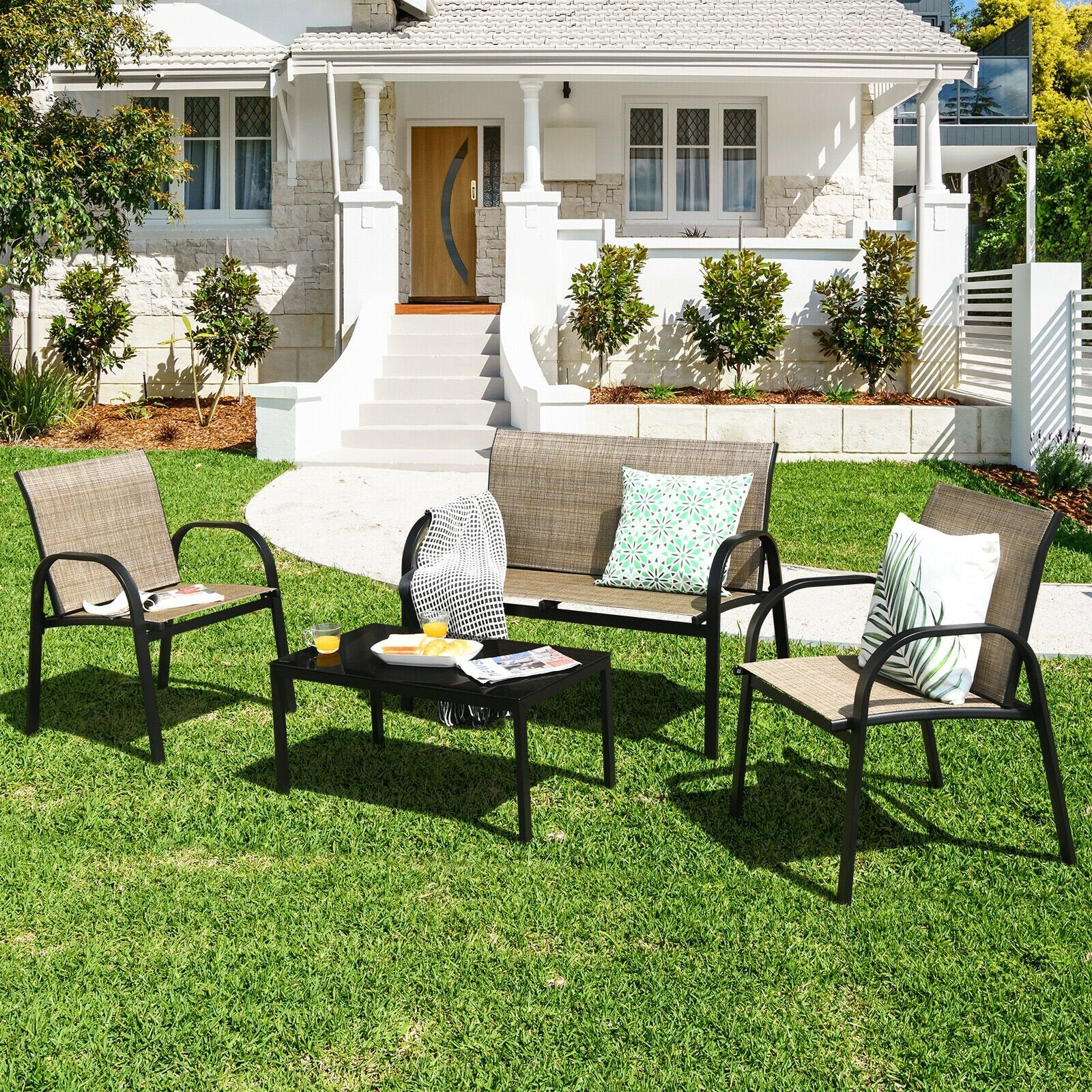 4 Pieces Patio Furniture Set with Glass Top Coffee Table, Brown Patio Conversation Sets   at Gallery Canada