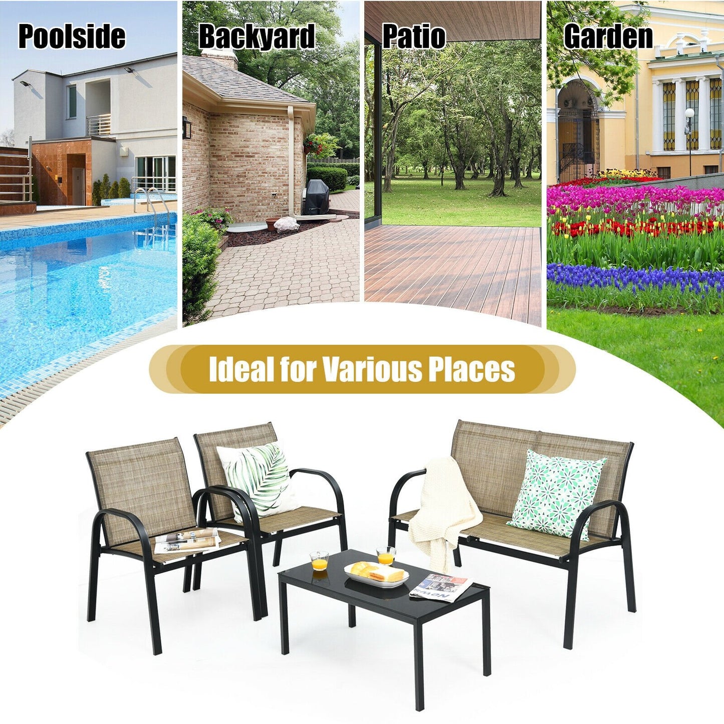 4 Pieces Patio Furniture Set with Glass Top Coffee Table, Brown - Gallery Canada