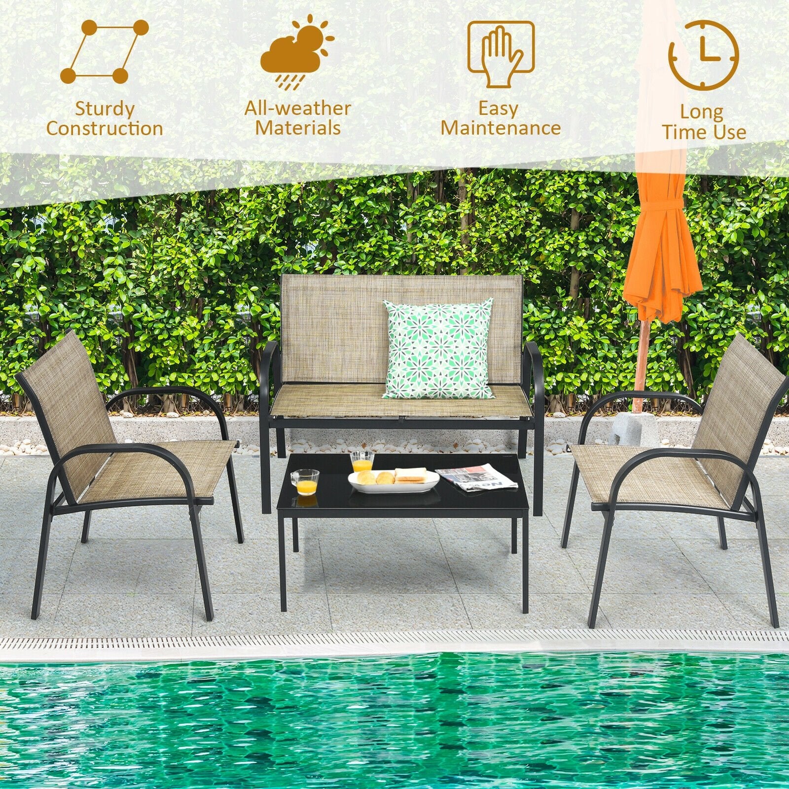 4 Pieces Patio Furniture Set with Glass Top Coffee Table, Brown - Gallery Canada