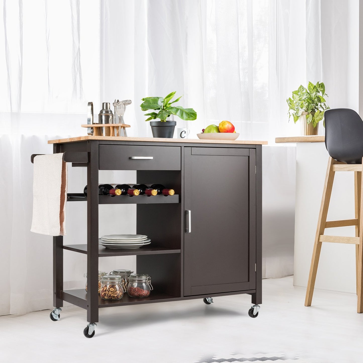 Kitchen Island Cart Rolling Serving Cart Wood Trolley, Brown Kitchen Islands & Carts   at Gallery Canada