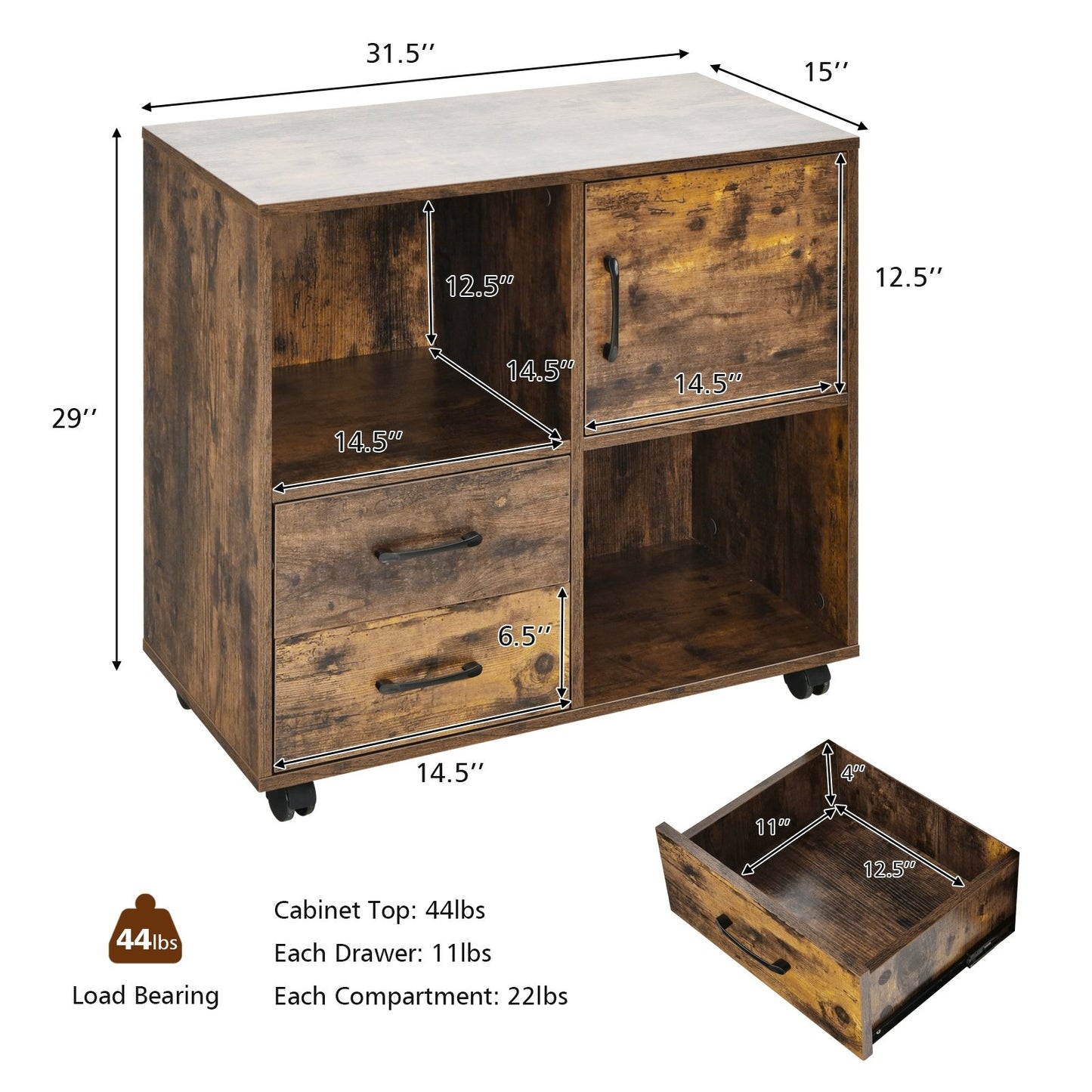 Mobile File Cabinet with Lateral Printer Stand and Storage Shelves, Brown File Cabinets   at Gallery Canada