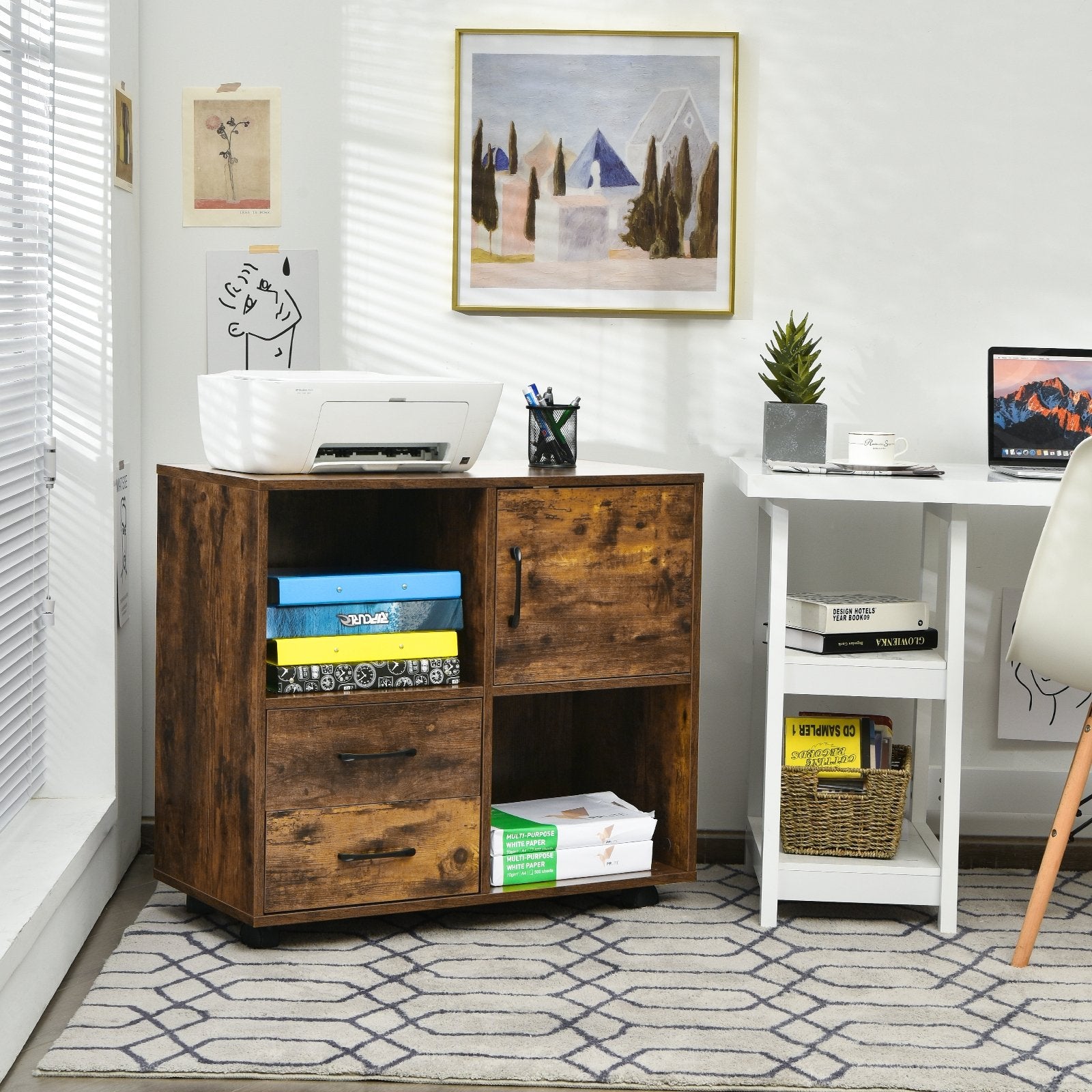 Mobile File Cabinet with Lateral Printer Stand and Storage Shelves, Brown File Cabinets   at Gallery Canada