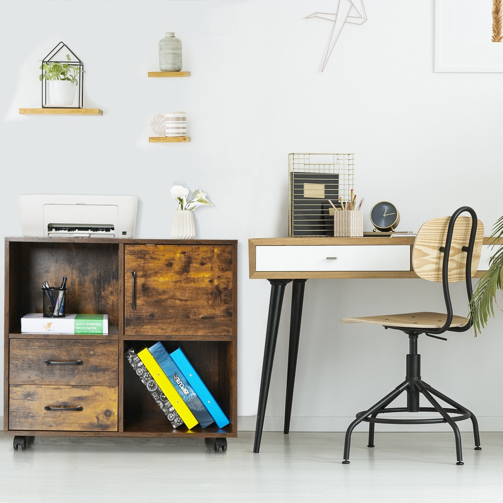 Mobile File Cabinet with Lateral Printer Stand and Storage Shelves, Brown File Cabinets   at Gallery Canada