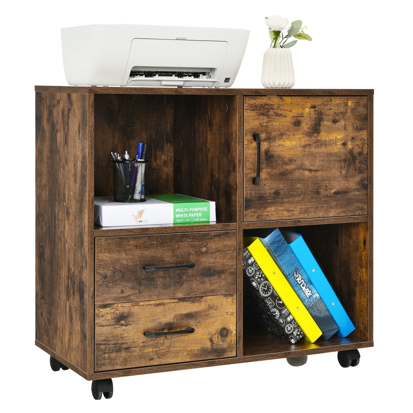 Mobile File Cabinet with Lateral Printer Stand and Storage Shelves, Brown File Cabinets   at Gallery Canada