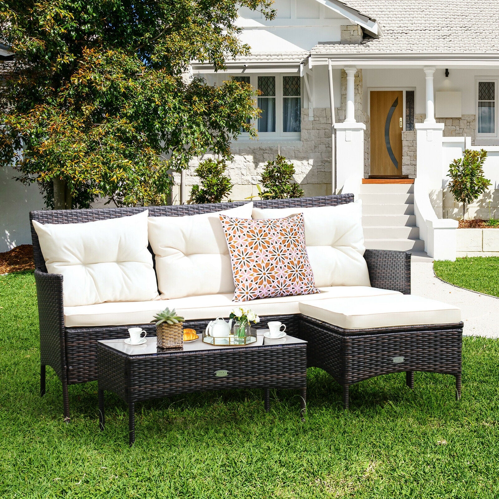 3 Pieces Patio Furniture Sectional Set with 5 Cozy Seat and Back Cushions, White Patio Conversation Sets   at Gallery Canada