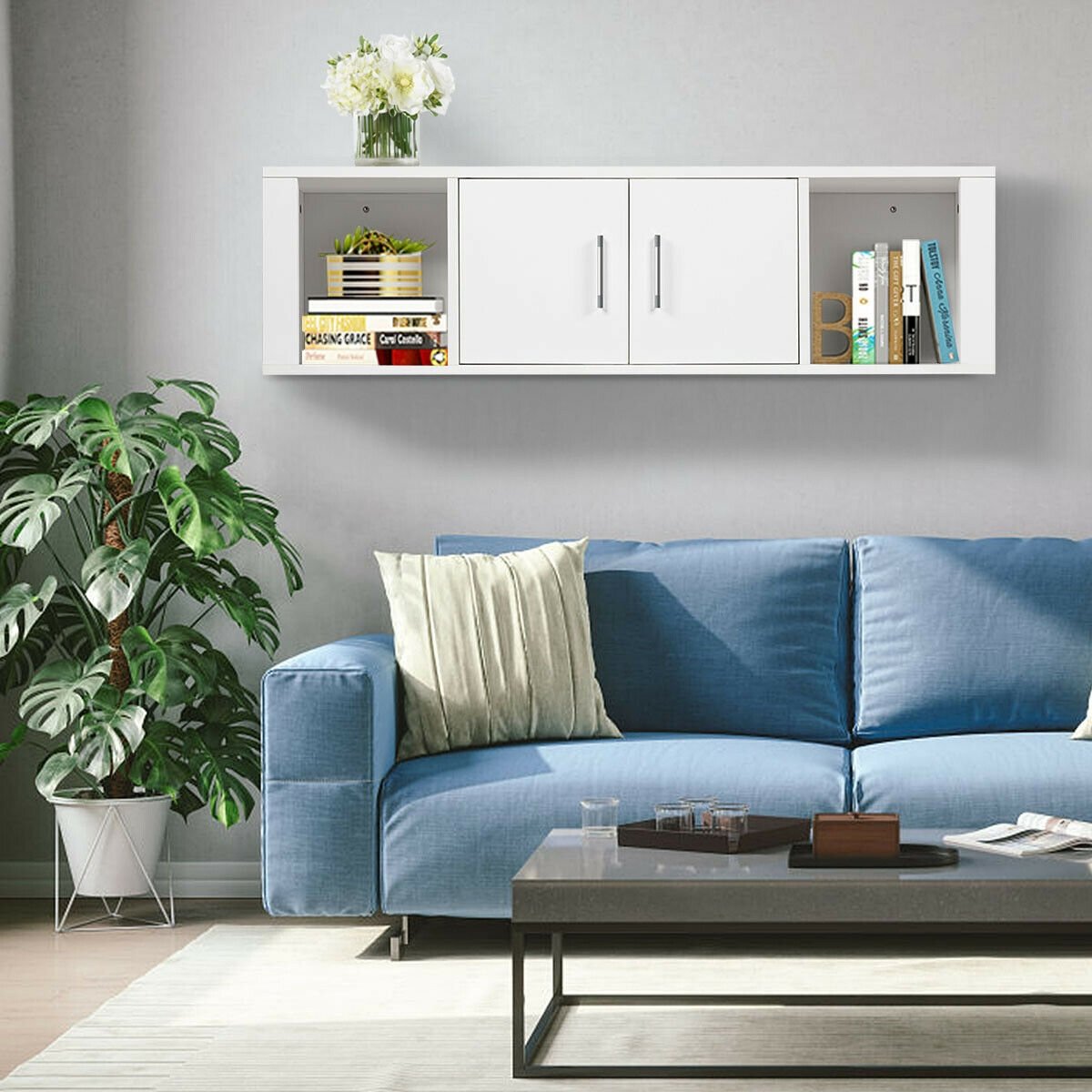 Wall Mounted Floating 2 Door Desk Hutch Storage Shelves, White Living Room   at Gallery Canada