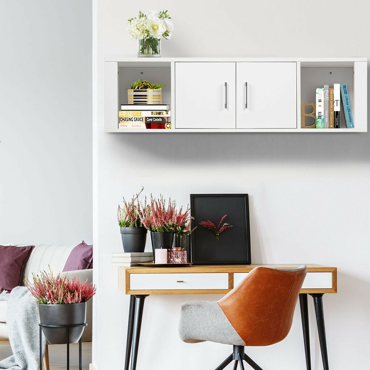 Wall Mounted Floating 2 Door Desk Hutch Storage Shelves, White Living Room   at Gallery Canada