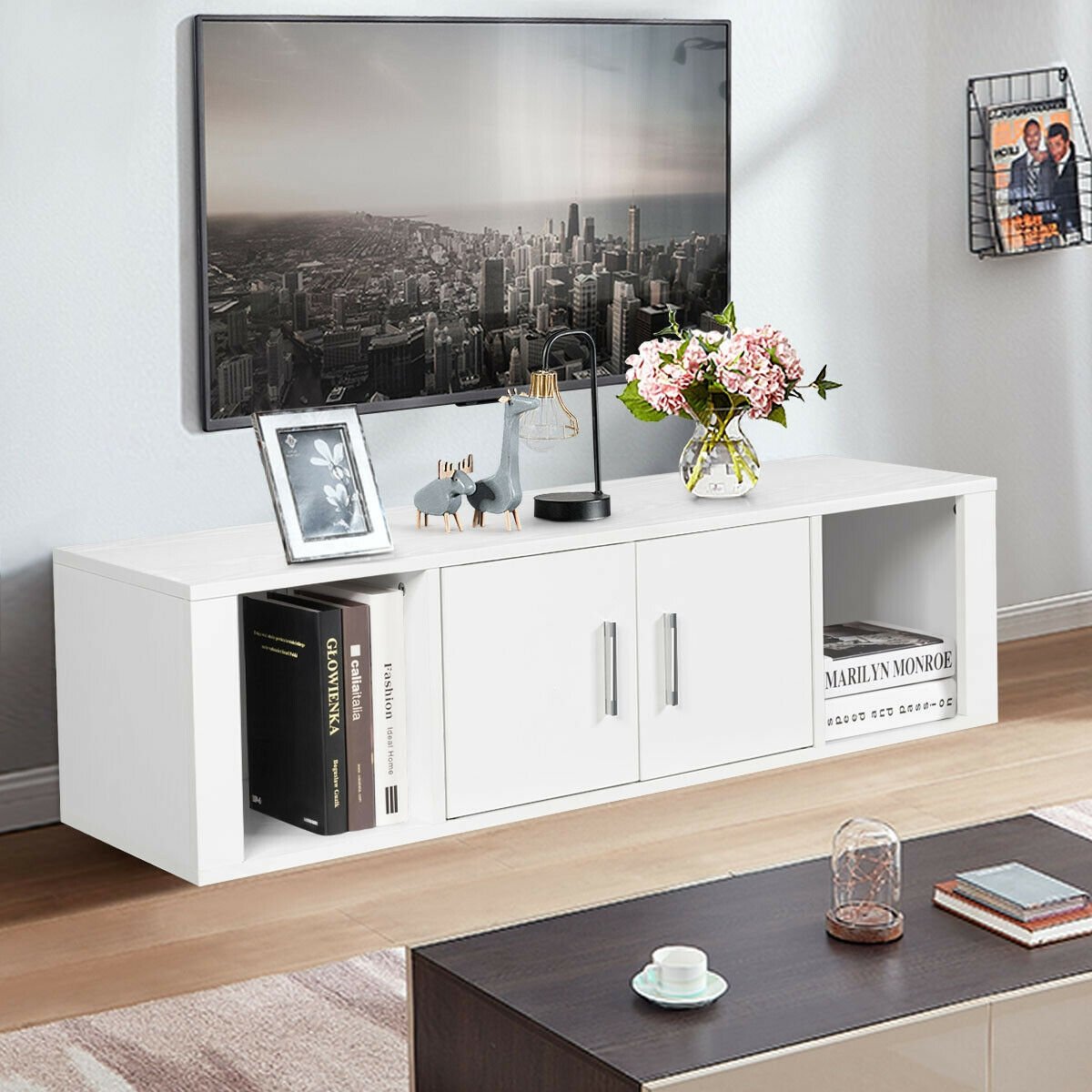 Wall Mounted Floating 2 Door Desk Hutch Storage Shelves, White Living Room   at Gallery Canada