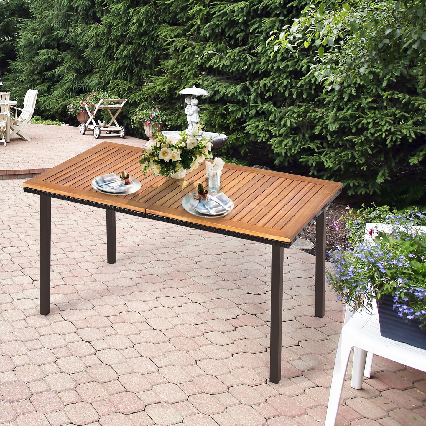 55 Inch Patio Acacia Dining Table with Umbrella Hole, Natural Patio Dining Tables   at Gallery Canada