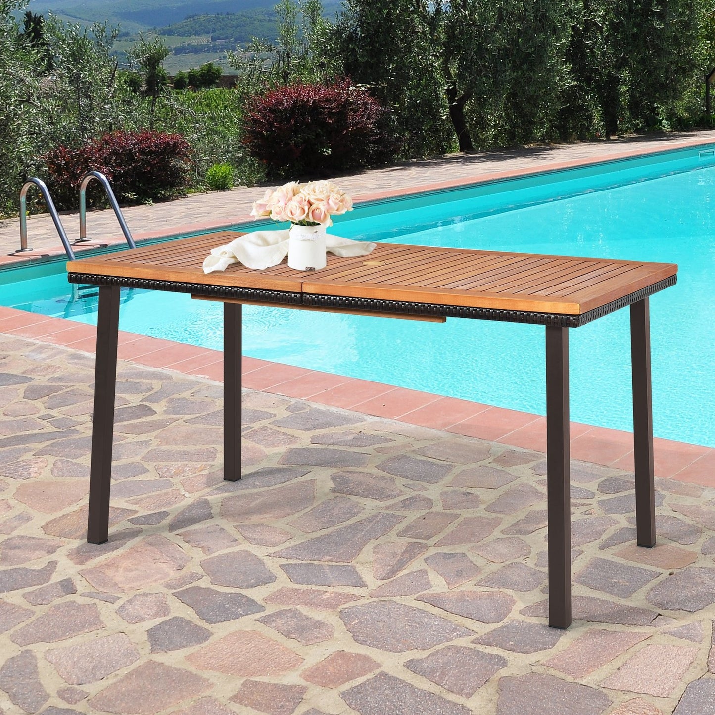 55 Inch Patio Acacia Dining Table with Umbrella Hole, Natural Patio Dining Tables   at Gallery Canada