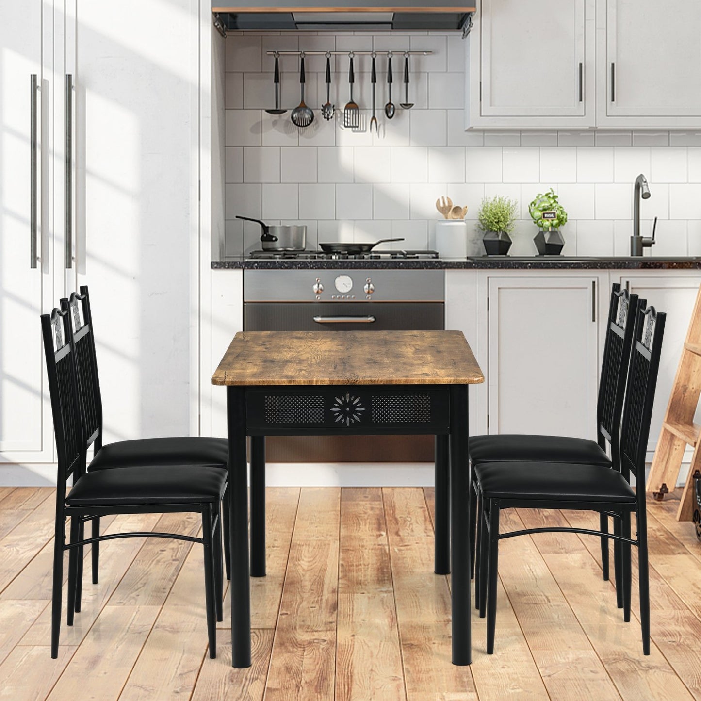 5 Pcs Dining Set Wood Metal Table and 4 Chairs with Cushions, Black Dining Room Sets   at Gallery Canada