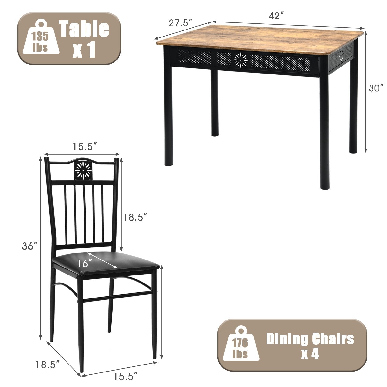 5 Pcs Dining Set Wood Metal Table and 4 Chairs with Cushions, Black Dining Room Sets   at Gallery Canada