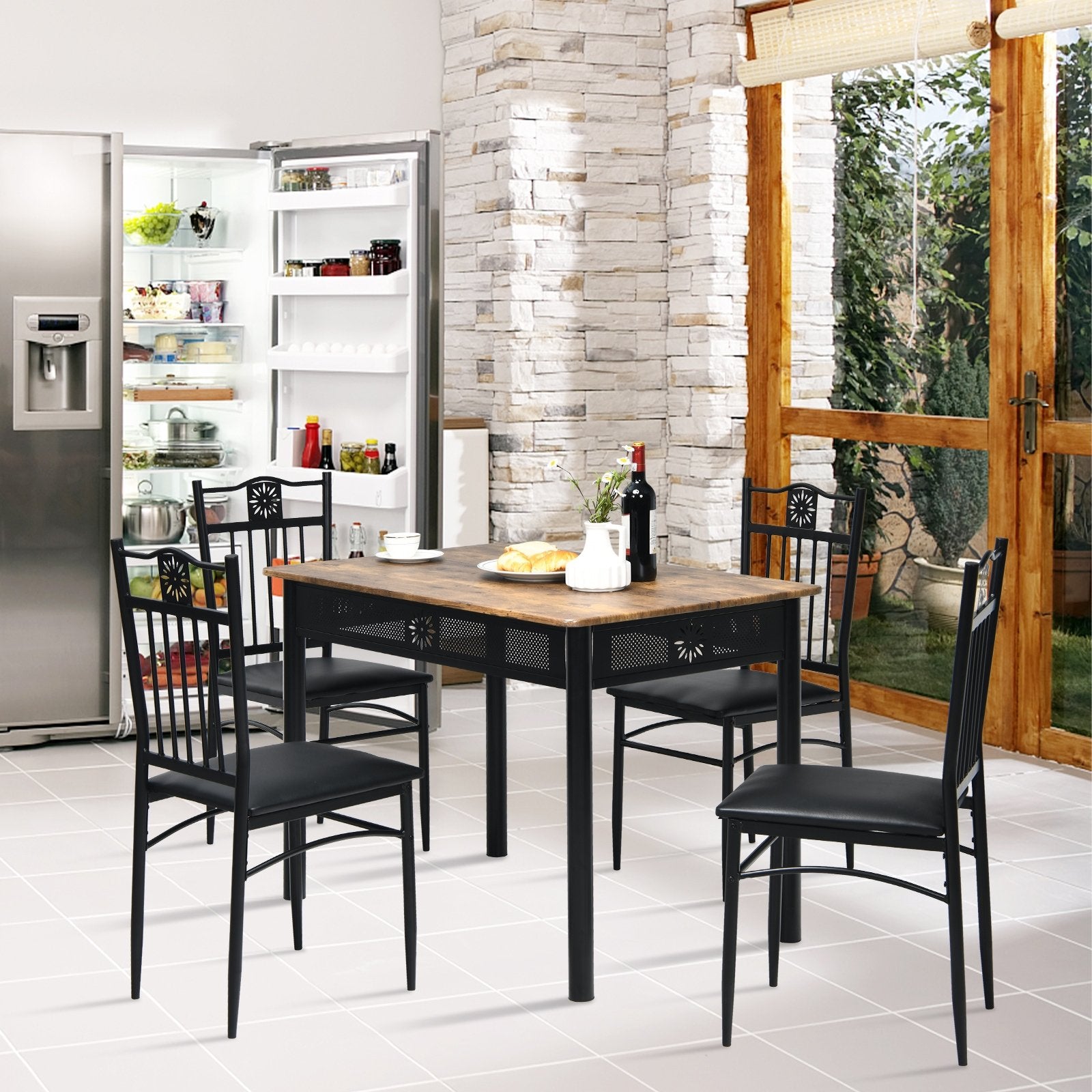 5 Pcs Dining Set Wood Metal Table and 4 Chairs with Cushions, Black Dining Room Sets   at Gallery Canada