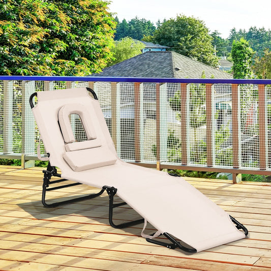 Outdoor Folding Chaise Beach Pool Patio Lounge Chair Bed with Adjustable Back and Hole, Beige - Gallery Canada