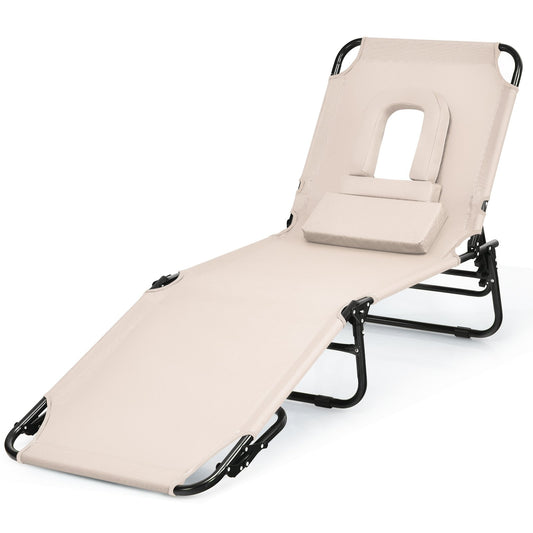 Outdoor Folding Chaise Beach Pool Patio Lounge Chair Bed with Adjustable Back and Hole, Beige - Gallery Canada