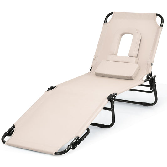 Outdoor Folding Chaise Beach Pool Patio Lounge Chair Bed with Adjustable Back and Hole, Beige Outdoor Chaise Lounges   at Gallery Canada