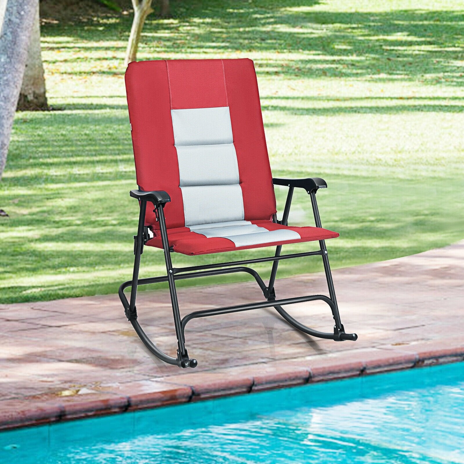 Foldable Rocking Padded Portable Camping Chair with Backrest and Armrest, Red Patio Rocking Chairs & Gliders   at Gallery Canada