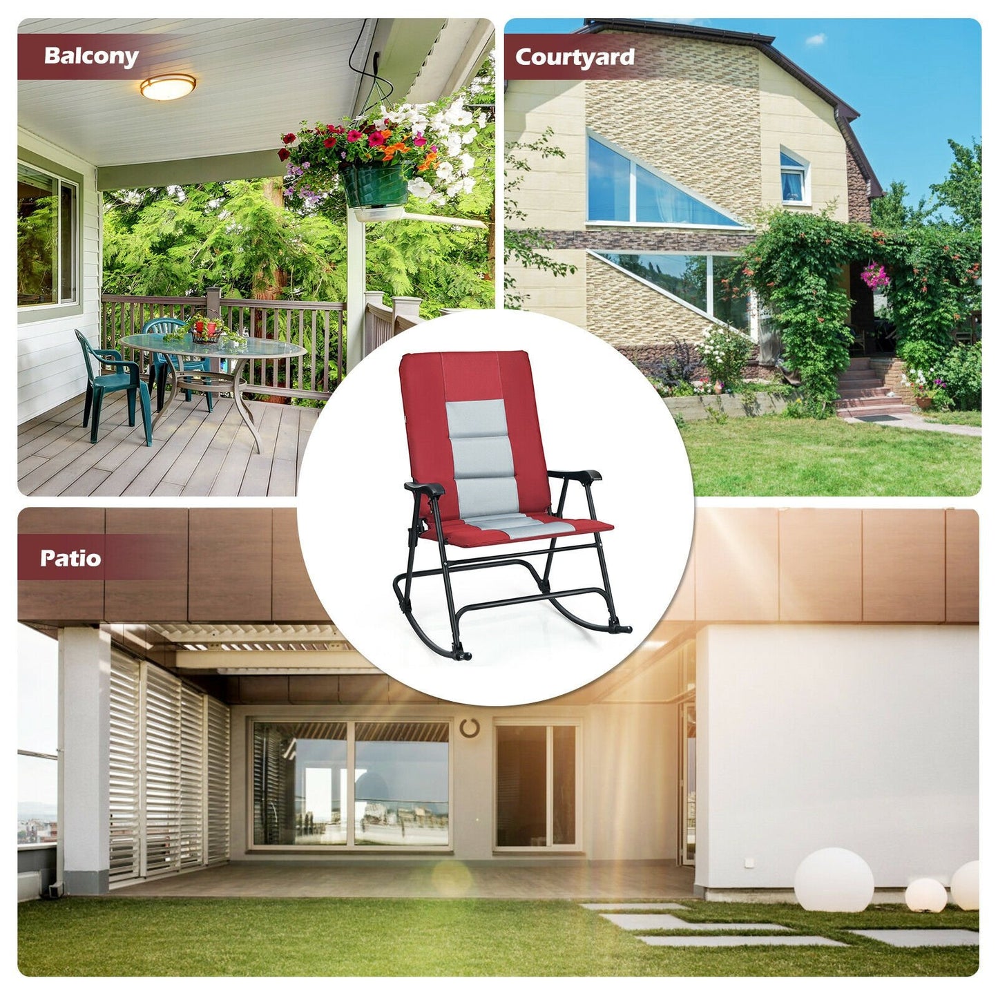 Foldable Rocking Padded Portable Camping Chair with Backrest and Armrest, Red Patio Rocking Chairs & Gliders   at Gallery Canada