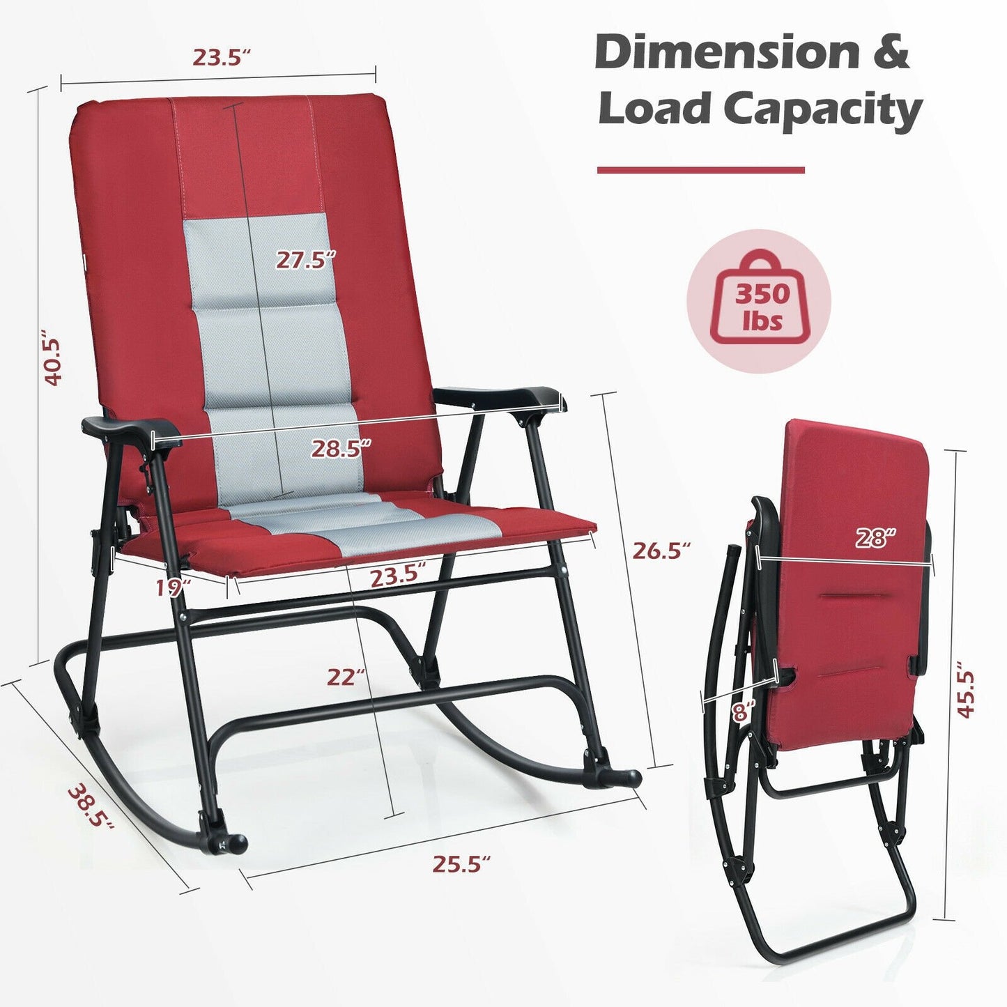 Foldable Rocking Padded Portable Camping Chair with Backrest and Armrest, Red Patio Rocking Chairs & Gliders   at Gallery Canada