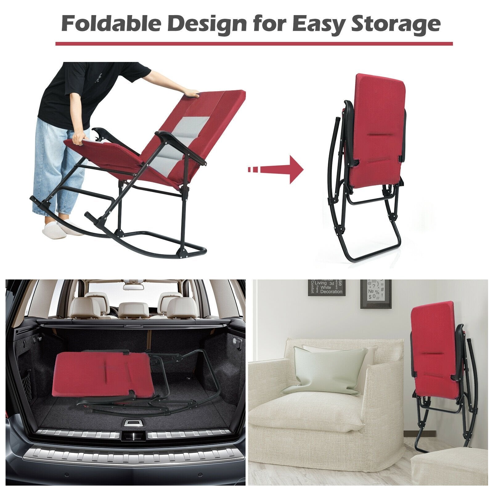 Foldable Rocking Padded Portable Camping Chair with Backrest and Armrest, Red Patio Rocking Chairs & Gliders   at Gallery Canada