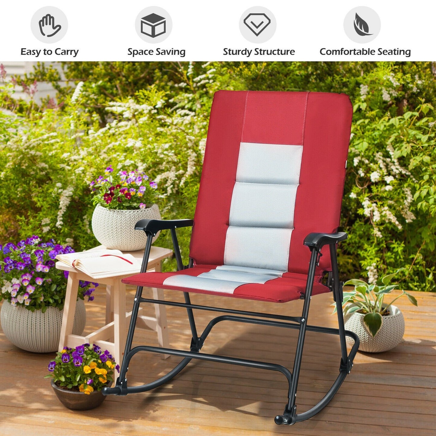 Foldable Rocking Padded Portable Camping Chair with Backrest and Armrest, Red Patio Rocking Chairs & Gliders   at Gallery Canada