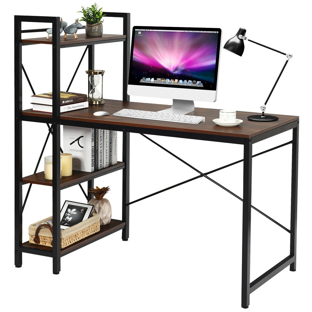 47.5 Inch Writing Study Computer Desk with 4-Tier Shelves, Tan - Gallery Canada