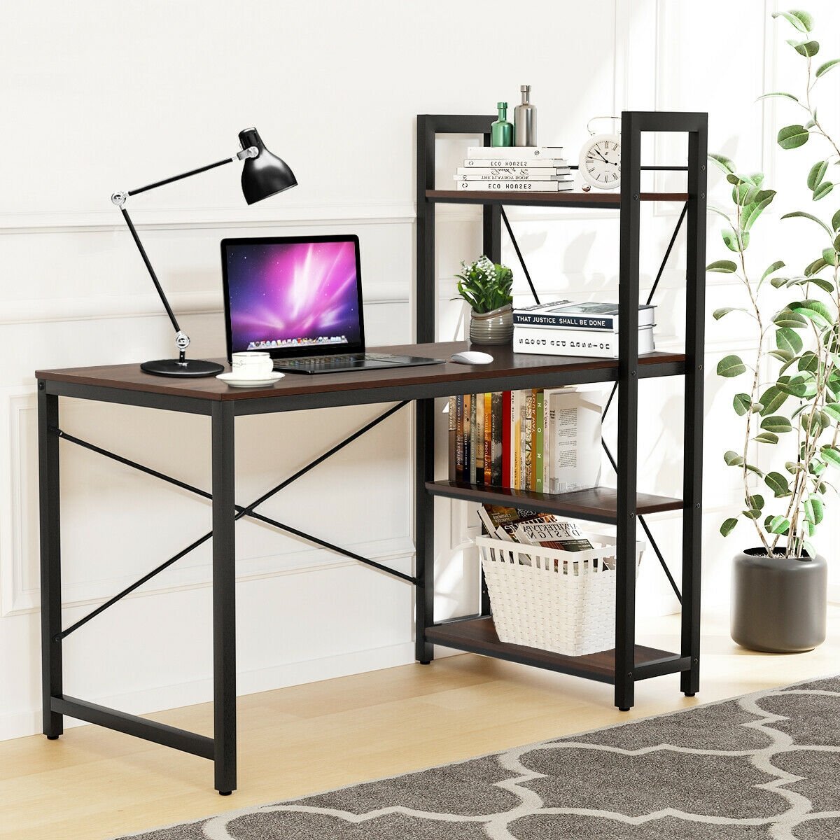 47.5 Inch Writing Study Computer Desk with 4-Tier Shelves, Tan - Gallery Canada