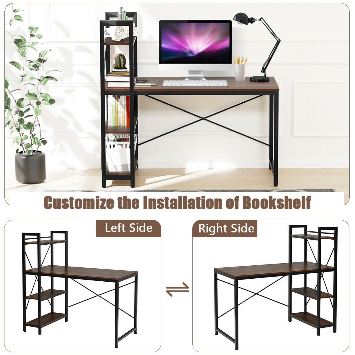 47.5 Inch Writing Study Computer Desk with 4-Tier Shelves, Tan - Gallery Canada