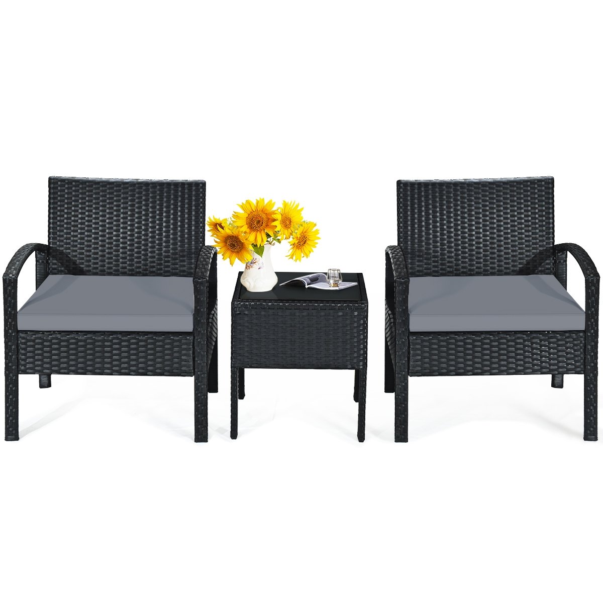 3 Pieces Outdoor Rattan Patio Conversation Set with Seat Cushions, Gray Patio Conversation Sets   at Gallery Canada