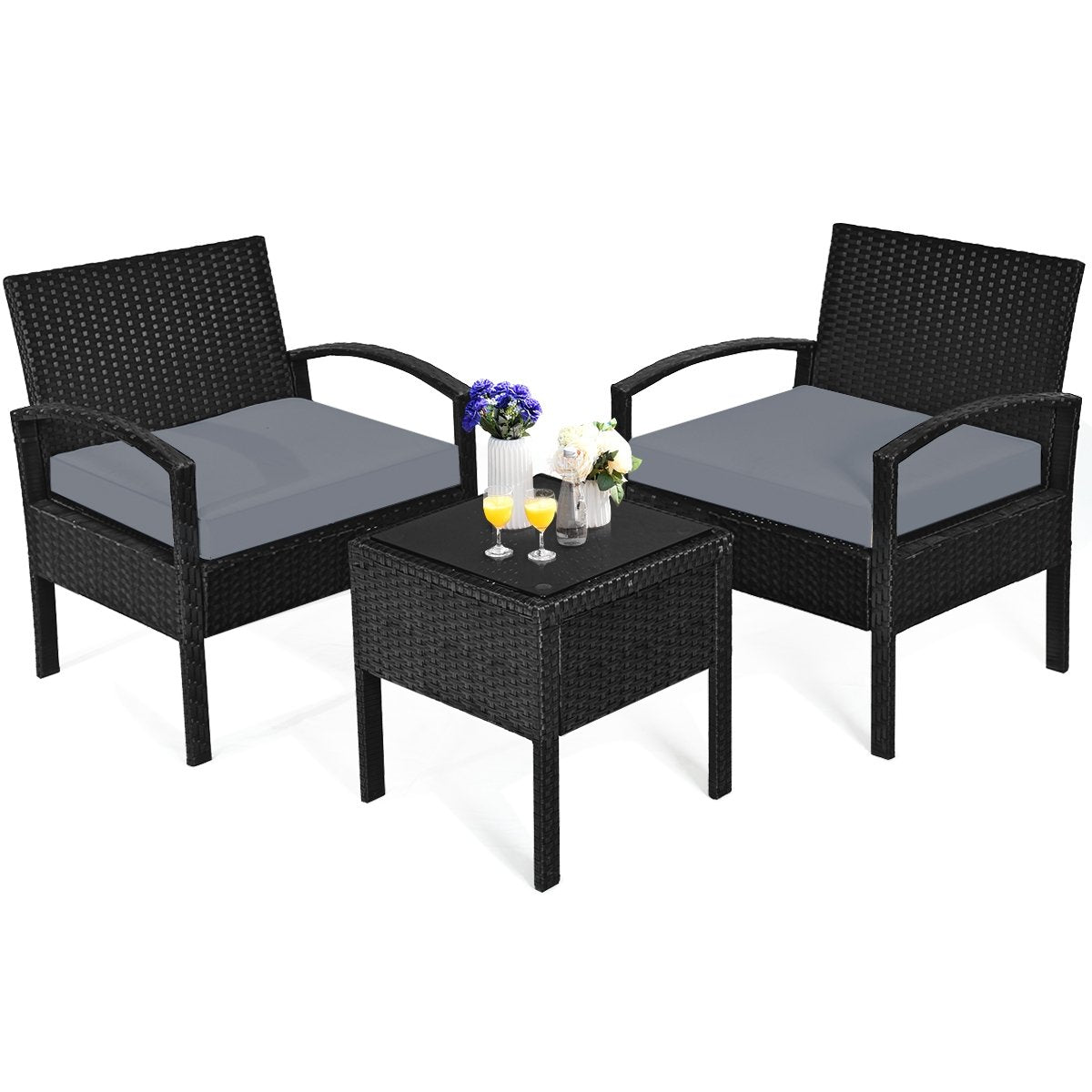 3 Pieces Outdoor Rattan Patio Conversation Set with Seat Cushions, Gray Patio Conversation Sets   at Gallery Canada