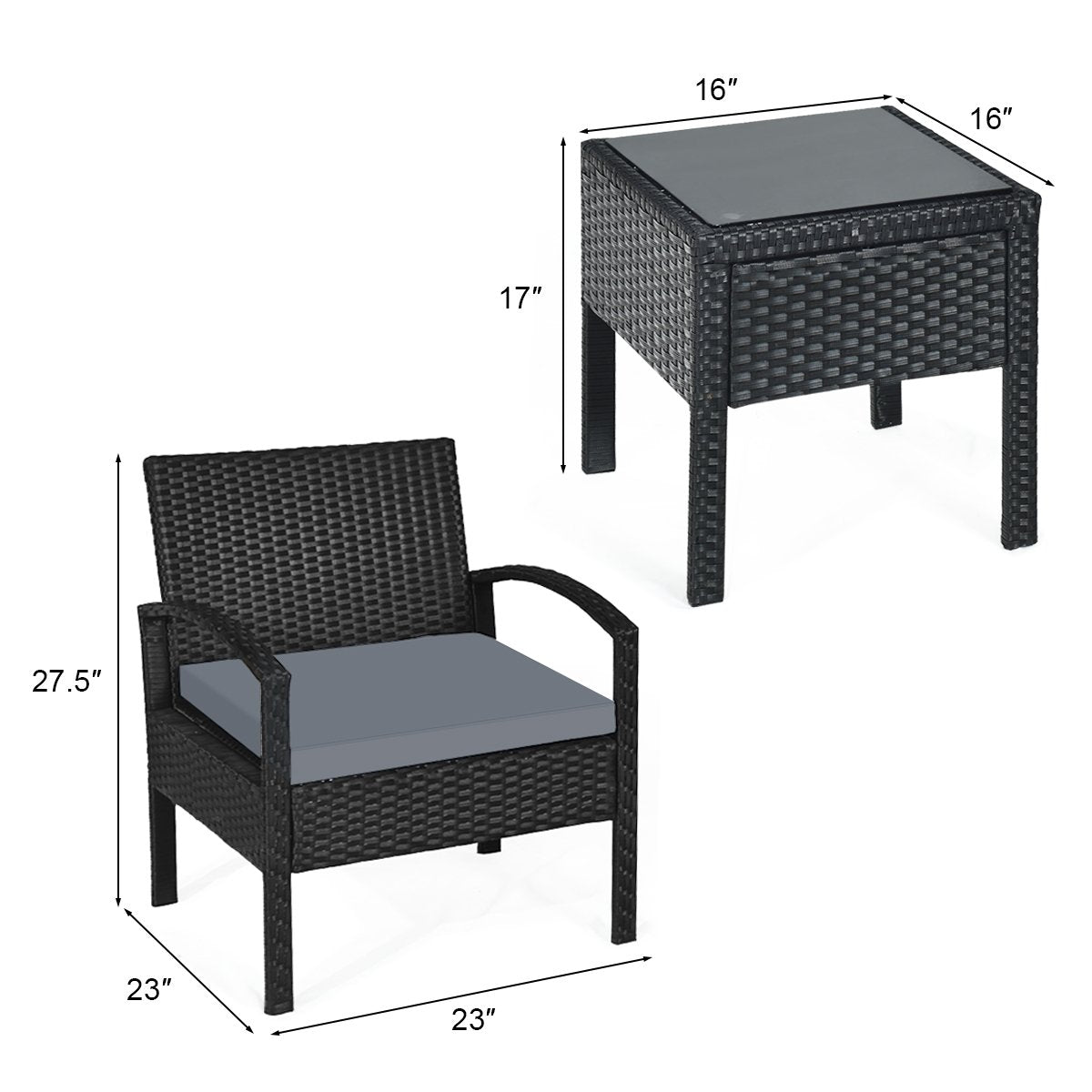 3 Pieces Outdoor Rattan Patio Conversation Set with Seat Cushions, Gray Patio Conversation Sets   at Gallery Canada