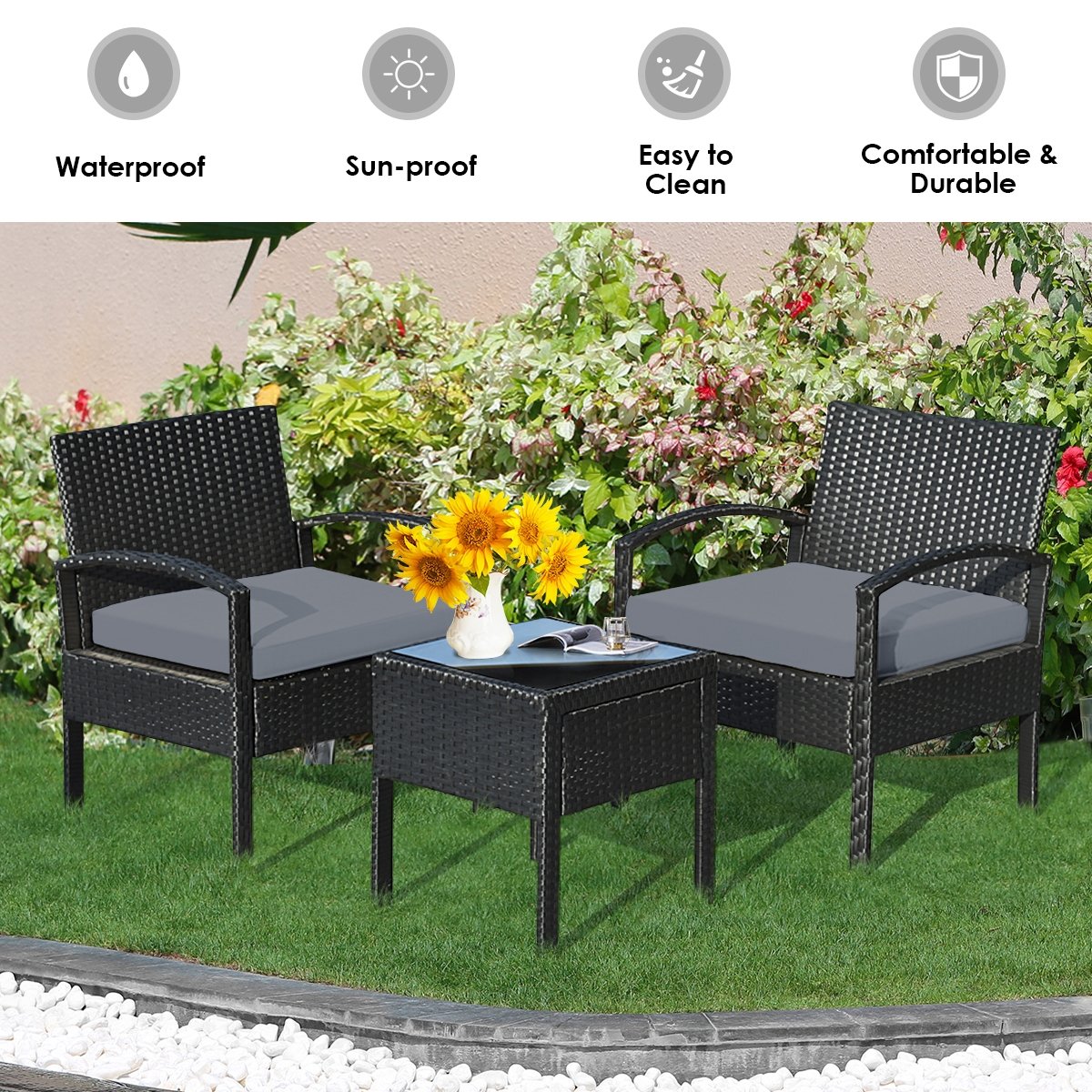 3 Pieces Outdoor Rattan Patio Conversation Set with Seat Cushions, Gray Patio Conversation Sets   at Gallery Canada