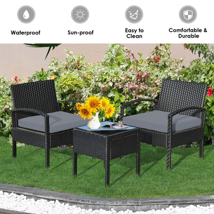 3 Pieces Outdoor Rattan Patio Conversation Set with Seat Cushions, Gray Patio Conversation Sets   at Gallery Canada