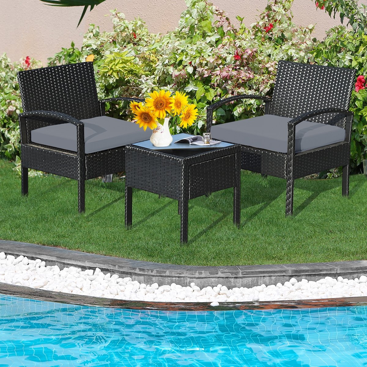 3 Pieces Outdoor Rattan Patio Conversation Set with Seat Cushions, Gray Patio Conversation Sets   at Gallery Canada