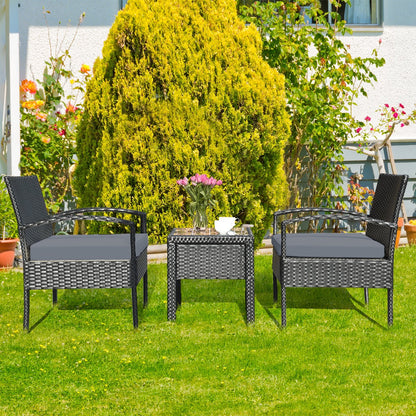 3 Pieces Outdoor Rattan Patio Conversation Set with Seat Cushions, Gray Patio Conversation Sets   at Gallery Canada