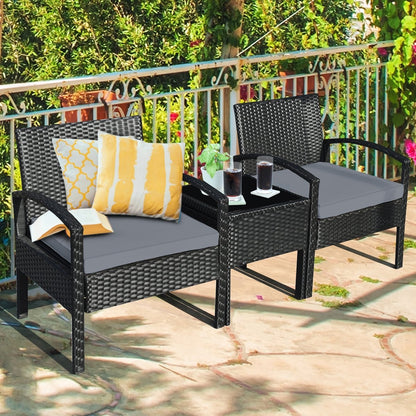 3 Pieces Outdoor Rattan Patio Conversation Set with Seat Cushions, Gray Patio Conversation Sets   at Gallery Canada