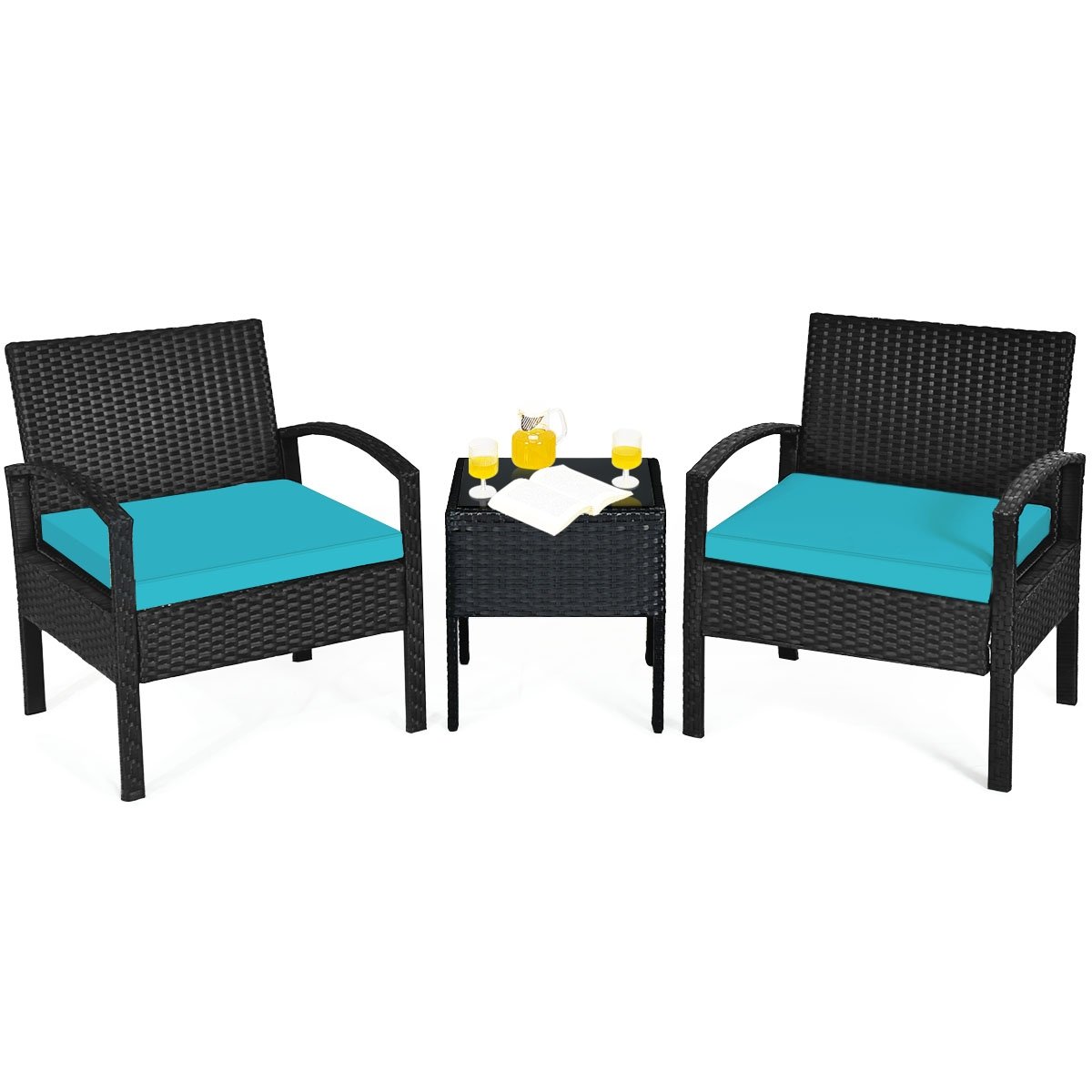 3 Pieces Outdoor Rattan Patio Conversation Set with Seat Cushions, Turquoise Patio Conversation Sets   at Gallery Canada