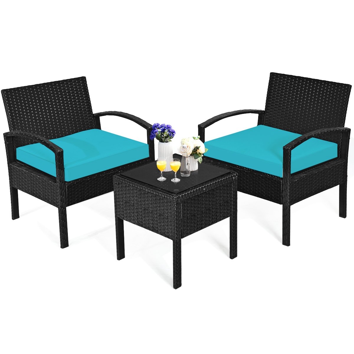 3 Pieces Outdoor Rattan Patio Conversation Set with Seat Cushions, Turquoise Patio Conversation Sets   at Gallery Canada