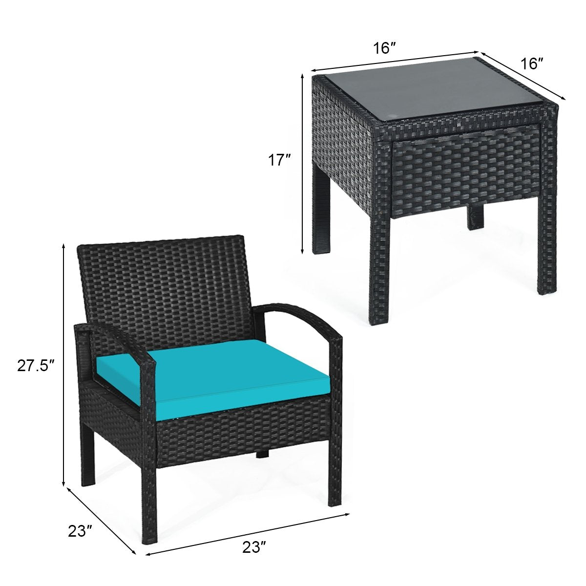 3 Pieces Outdoor Rattan Patio Conversation Set with Seat Cushions, Turquoise Patio Conversation Sets   at Gallery Canada