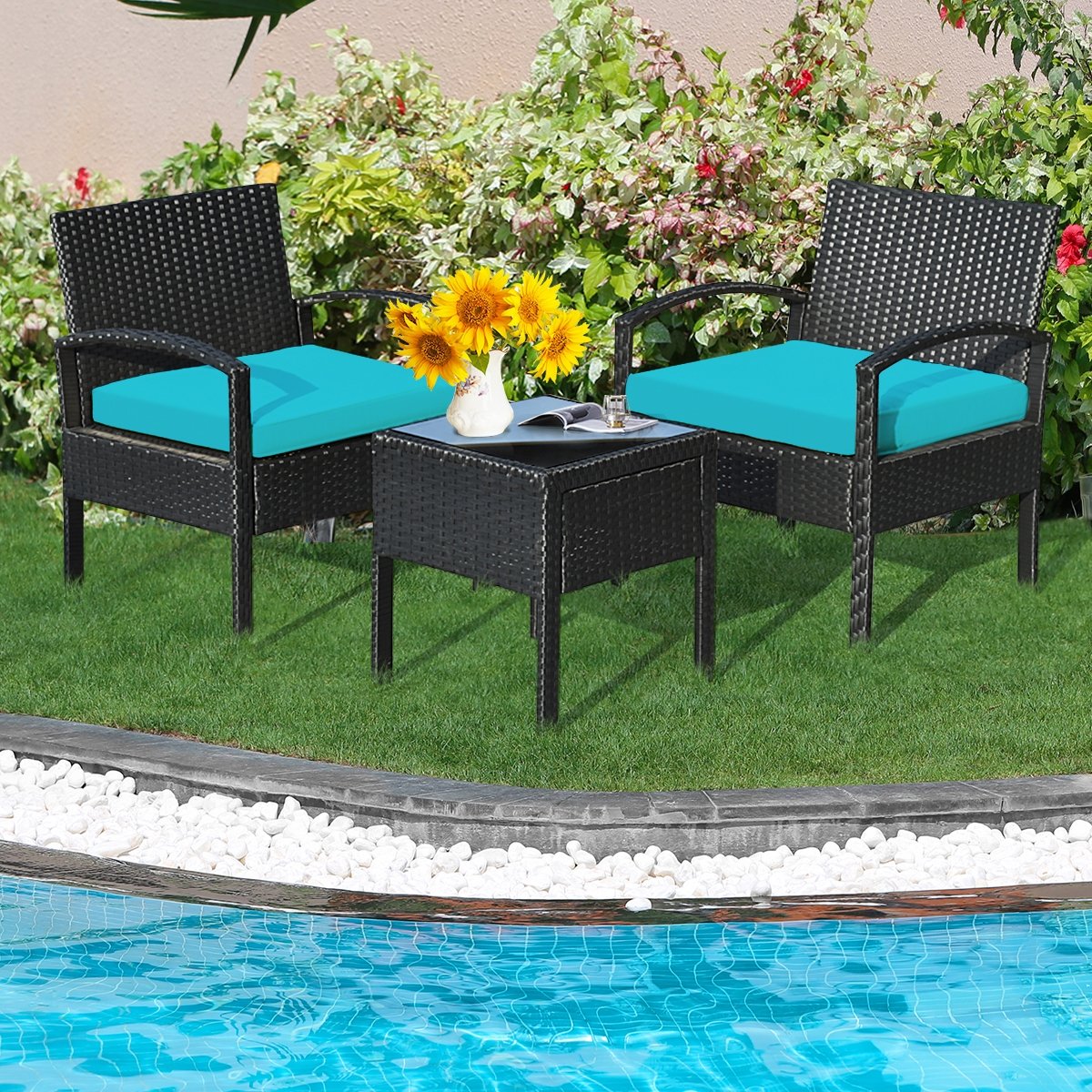 3 Pieces Outdoor Rattan Patio Conversation Set with Seat Cushions, Turquoise Patio Conversation Sets   at Gallery Canada