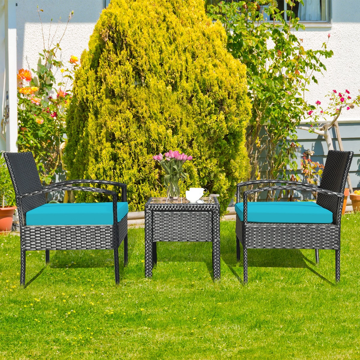 3 Pieces Outdoor Rattan Patio Conversation Set with Seat Cushions, Turquoise Patio Conversation Sets   at Gallery Canada